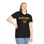 Person wearing a black t-shirt with 'PITTFANS' and number '12' printed in yellow on a white background