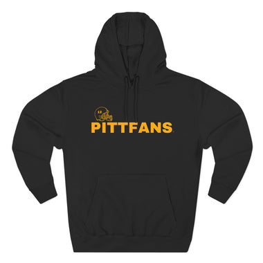 Black hoodie with 'PITTFANS' text on a white background