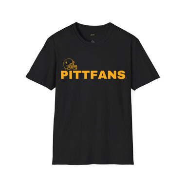 Black t-shirt with 'PITTFANS' text and logo on a white background