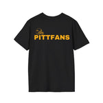 Black t-shirt with 'PITTFANS' text and logo on a white background
