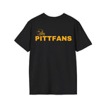 Black t-shirt with 'PITTFANS' text and logo on a white background