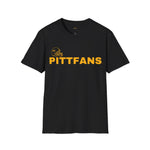 Black t-shirt with 'PITTFANS' text and logo on a white background