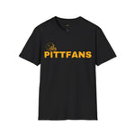 Black t-shirt with 'PITTFANS' text and logo on a white background