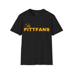 Black t-shirt with 'PITTFANS' text and logo on a white background