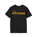Black t-shirt with 'PITTFANS' text on a white background