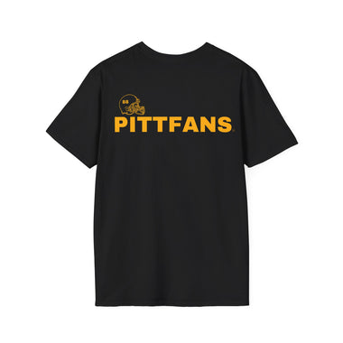 Black t-shirt with 'PITTFANS' text in yellow on a white background
