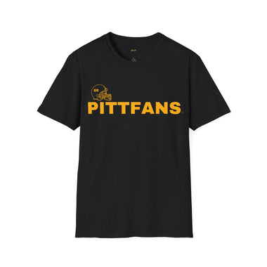 Black t-shirt with 'PITTFANS' text and logo on a white background