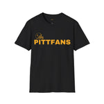 Black t-shirt with 'PITTFANS' text and logo on a white background