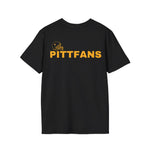 Black t-shirt with 'PITTFANS' text and logo on a white background