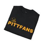Black t-shirt with yellow 'PITTFANS' text and helmet graphic on a white background