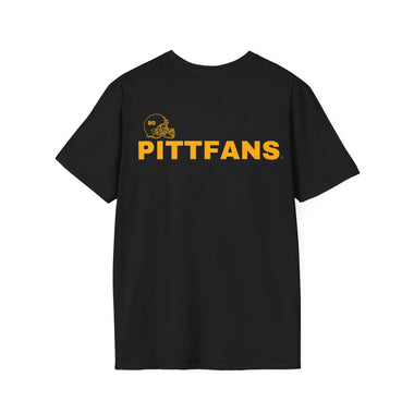 Black t-shirt with 'PITTFANS' text on a white background