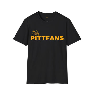 Black t-shirt with 'PITTFANS' text and logo on a white background