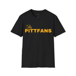 Black t-shirt with 'PITTFANS' text and logo on a white background