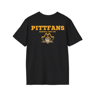 Black t-shirt with yellow text and logo on a white background