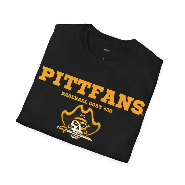 Black t-shirt with 'PITTFANS' and 'BASEBALL GOAT #30' text on a white background