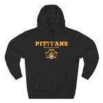 Black hoodie with yellow text and logo on a white background