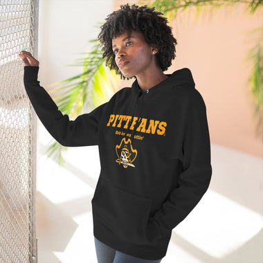 Person wearing a black hoodie with 'PITTFANS' text and logo, standing indoors.