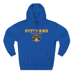 Blue hoodie with yellow text and logo on a white background