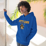 Person wearing a blue hoodie with 'PITTFANS' text and logo, standing indoors.