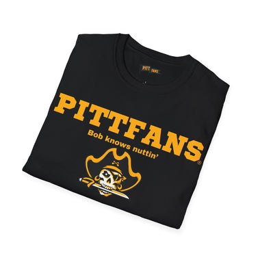 Black t-shirt with yellow text and logo on a white background