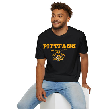 Man wearing a black t-shirt with 'PITTFANS' text and logo on a white background