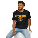 Man wearing a black t-shirt with 'PITTFANS' text and logo on a white background