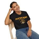 Person wearing a black t-shirt with 'PITTFANS' text and skull design, sitting on a chair.