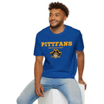 Man wearing a blue t-shirt with 'PITTFANS' text and logo on a white background