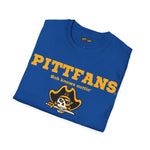 Folded blue t-shirt with 'PITT FANS' text and skull design on a white background