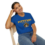 Person wearing a blue t-shirt with 'PITT FANS' text and logo on a white background