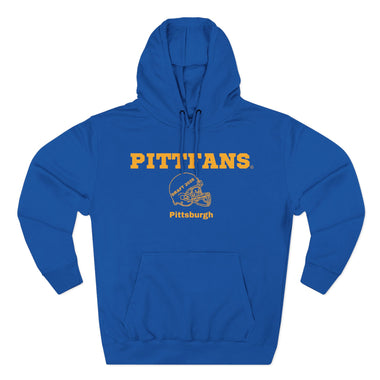 Blue hoodie with 'PITTFANS Pittsburgh' text and helmet graphic on a white background