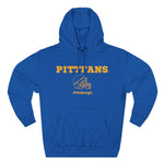 Blue hoodie with 'PITTFANS Pittsburgh' text and helmet graphic on a white background