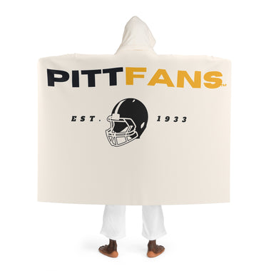 Person wearing a 'PITTFANS' hooded blanket with a helmet graphic on a white background