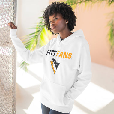 Person wearing a white hoodie with 'PITTFANS' text and logo, standing against a light background.
